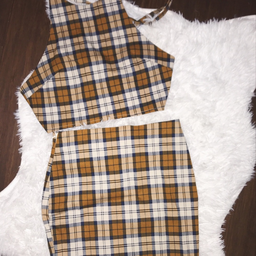 yellow plaid halter neck & skirt two piece set